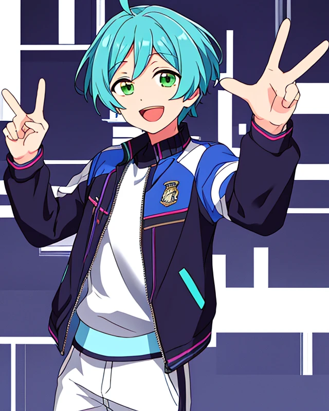 shinkai kanata, aqua hair, green eyes, ahoge, solo, looking at viewer, smile, open mouth, 1boy, v sign, male focus, black shirt, white pants, training pants, black jacket, blue jacket, long sleeve jacket, training jacket <lora:KanataSD15-06:0.7>