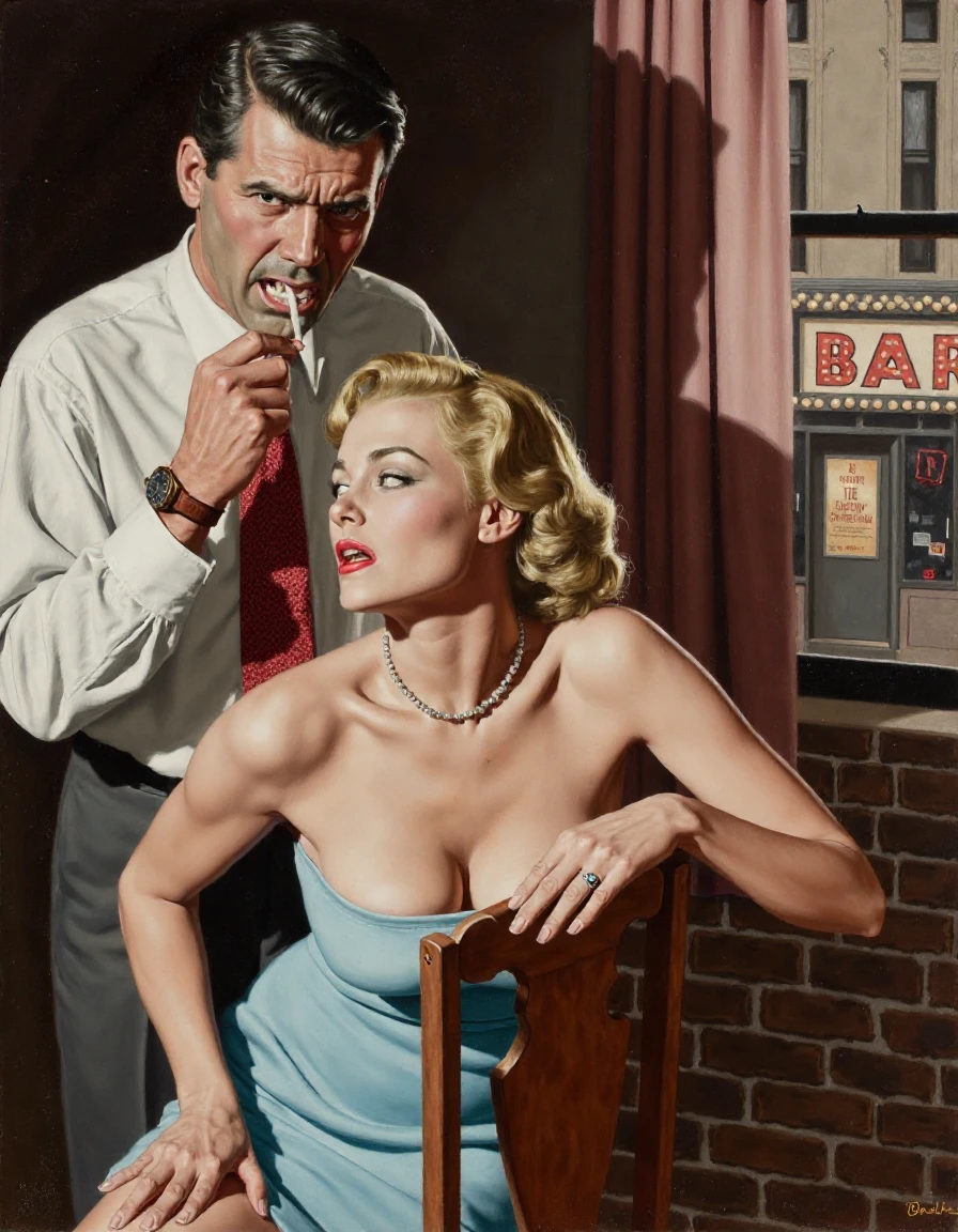 The image is a painting by StanleyBorack of a man and a woman in a room dimly lit. The man is standing on the left side of the image behind the woman. He is wearing a white shirt and a red tie. His sleeves are rolled up and he has a watch with a brown leather strap on his right wrist. He holds a cigarette to his mouth with his left hand. He is looking at the woman with an angry expression on his face. The woman is sitting in a wooden chair with her back to the man and she is looking over her shoulder at him with a concerned expression on her face. She is wearing a light blue strapless dress with a plunging neckline showing her big cleavage and wearing a necklace and red lipstick. She has blonde hair styled in loose curls. The background is a brick wall with a dusty pink curtain and window. Outside the window on the street below can be seen a large sign above a doorway that that reads "BAR" - it is surrounded by light bulbs. The painting is roughly done with loose brushstrokes and paint daubs.
<lora:StanleyBorack_000002000:1>