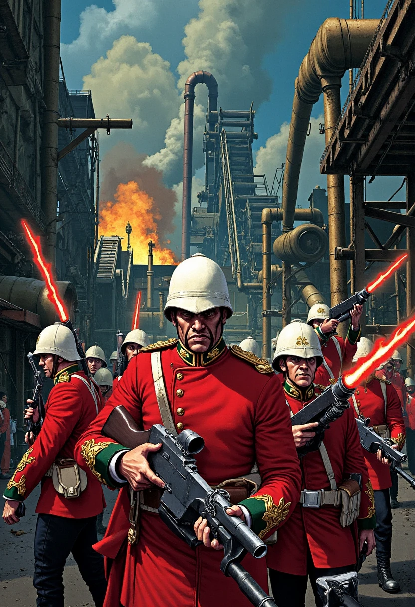 In a graphic novel style, picture the Welsh Guard soldiers advancing through the steel corridors of an industrial facility. They are dressed in their red coats, contrasted by their immaculate white pith helmets, moving in tight formation with lasguns raised. The red energy beams from their weapons illuminate the dark, smoke-filled atmosphere of the factory, where conveyor belts, massive machinery, and towering stacks loom ominously in the background. The sharp contrast between the bright red coats, the white helmets, and the gritty industrial environment creates a dramatic, intense scene as explosions rock the facility.