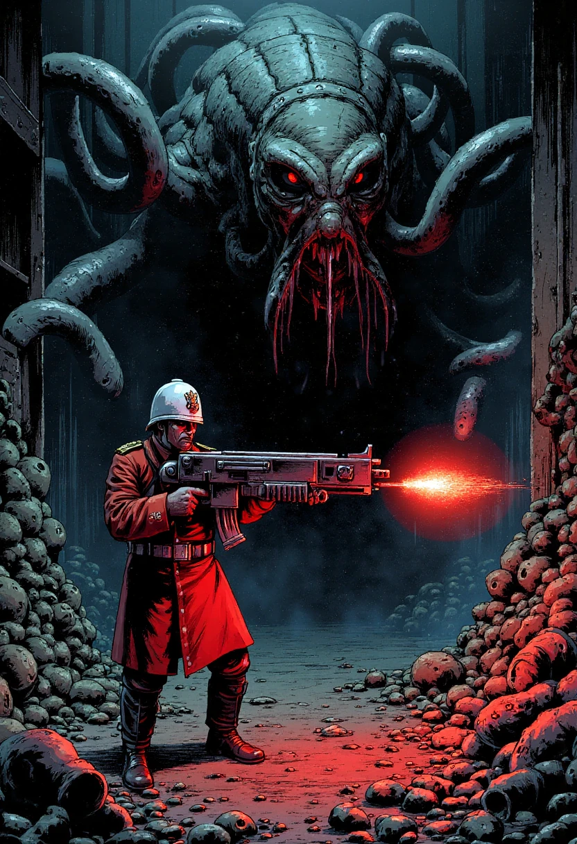 In a graphic novel style, envision the scene as a Welsh Guard officer, his red coat streaked with grime and torn at the sleeves, stands with a bolt gun in hand, making a final stand against an alien monstrosity. His face, weathered by battle, shows a fierce determination, but there’s a glint of fear in his eyes as the enormous, tentacled horror emerges from the dark recesses of the steel bunker. The creature's tentacles, slick and dripping with an unknown fluid, stretch out toward him, its unblinking, pulsating eyes glowing with malevolent hunger.

The atmosphere is dark and gritty, with deep shadows filling the crumbling industrial landscape around the bunker. The officer’s figure is illuminated by the harsh red glow of his bolt gun’s fire as it explodes toward the alien, the energy round creating a brief, searing flash in the night. The scene is full of tension, with the heavy shading emphasizing the looming terror of the tentacles snaking closer, each detailed with a texture that seems to pulse with life.

The officer’s posture is desperate but resolved, his stance showing his refusal to retreat, even as the monstrous alien closes in. His white pith helmet gleams faintly in the eerie light, a symbol of his rank and duty, contrasting with the chaotic, otherworldly darkness surrounding him.