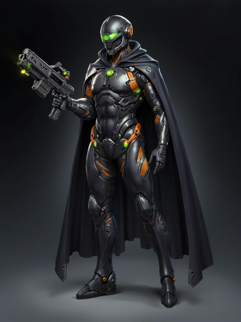 krrat style, digital illustration, Depicts a futuristic armored figure standing in a poised stance. The figure is adorned in a sleek dark suit with orange and silver accents complemented by a helmet with a visor that obscures the face. The suit is equipped with advanced technology including glowing green hexagonal patterns on the chest and arms. The figure holding in his left hand a futuristic assault rifle weapon with a yellow light at its tip. The character's attire is complemented by a long flowing cape that drapes over the figure's shoulders adding a sense of movement to the technologically advanced setting  <lora:sxz-Krrat-Flux:1>