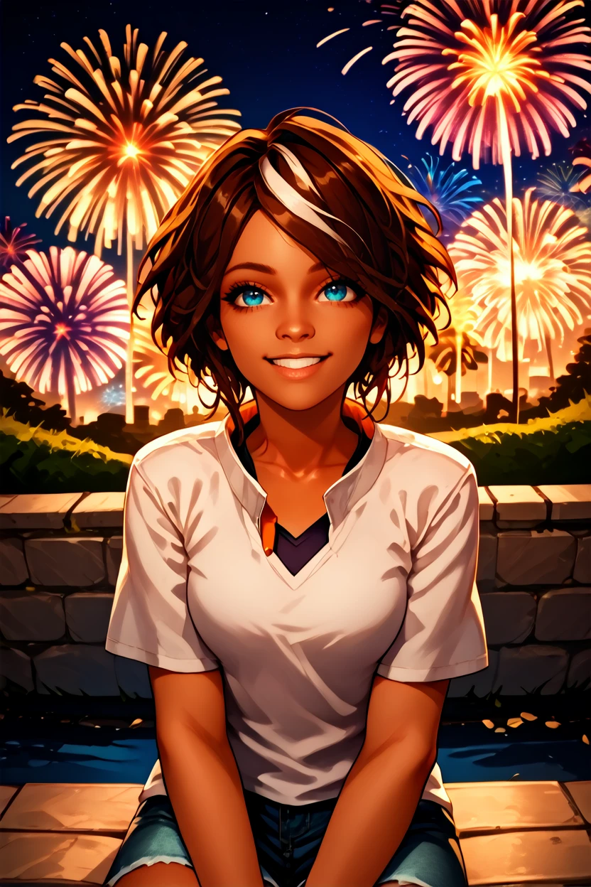 score_9, score_8_up, score_7_up, score_6_up
<lora:RMNilin:1.0>
RMNilin, 1girl, brown hair, white streaks, short hair, dark skin, blue eyes, looking at viewer, sitting, at night, fireworks, park, looking up, smile