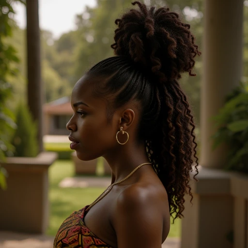 This is a high-resolution photograph featuring a young woman of African descent, captured in a serene outdoor setting. The woman has a deep brown complexion and is wearing her hair in a high, voluminous top knot, with the remaining hair styled in tight, curly braids cascading down her back. She is adorned with large, gold hoop earrings and a delicate gold necklace. Her makeup is subtle, with a focus on enhancing her natural beauty. 

She is shown in profile, facing left, with a serene expression. She is dressed in a strapless top that exposes her shoulders, featuring a vibrant, colorful pattern that includes shades of red, orange, and black. The background reveals a well-maintained garden with lush greenery, including tall trees and neatly trimmed bushes. The setting appears to be a veranda or porch, with a stone pillar and a stone balustrade visible on the right side of the image. The overall atmosphere is calm and peaceful, with soft, natural lighting enhancing the warm tones of the photograph. The image captures a moment of quiet contemplation, with the woman's posture and expression suggesting a sense of inner peace and contentment.