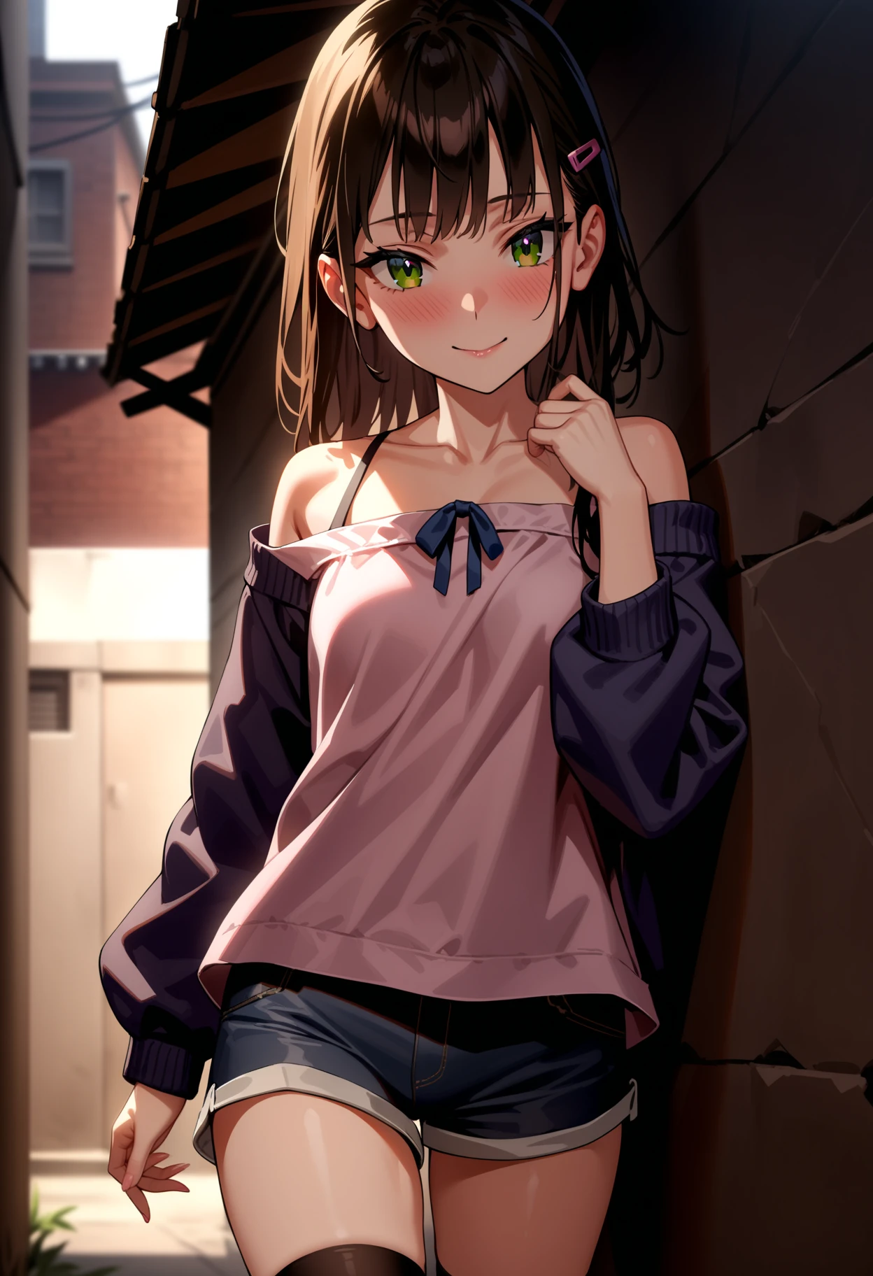 masterpiece,best quality,very aesthetic,absurdres,
1girl,solo,
<lora:Shoujo_v1:1>,shoujo01,long -sleeved blouse,shorts,hairclip,black_thighhighs,sneakers,<lora:Fixhands_anime_bdsqlsz_V1:1>,
back alley,cowboy_shot,kind_smile,blush,light_blush,, masterpiece,best quality, very aesthetic, absurdres, ultra detailed, high resolution, 4k, extremely detailed CG,