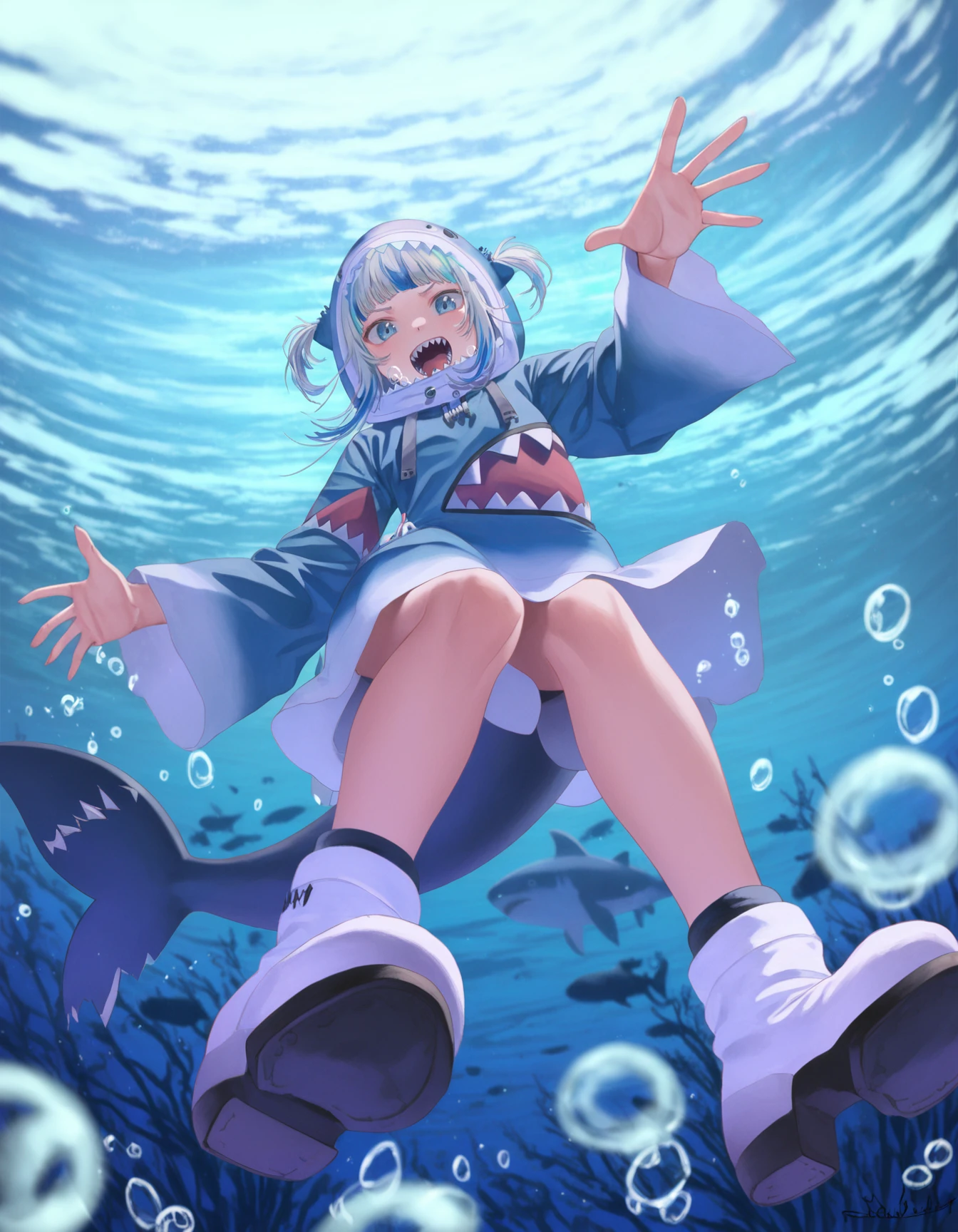 1girl, solo, gawr gura, blue eyes, fins, multicolored hair, gawr gura \(1st costume\), shark tail, shark hood, bloop \(gawr gura\), blue hair, animal hood, sharp teeth, blue hoodie, open mouth, white footwear, grey hair, streaked hair, shark girl, hoodie, underwater, bubble, looking at viewer, from below, foreshortening, <lora:saraki:0.8>