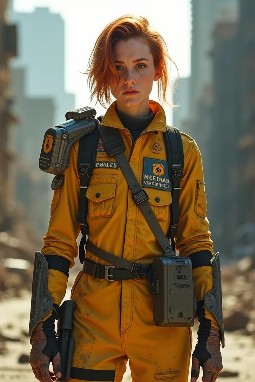 JudithHoagTMNTApril, a young JudithHoagTMNTApril woman with red hair, undercut hairstyle. In a post-apocalyptic wasteland, as a lone wanderer braving the ruins of a once-great city. Her faded and worn yellow "CHANNEL 6" jumpsuit is adorned with patchwork armor that is a mix of scavenged tech and improvised protection. The harsh sun casts long shadows across the desolate urban landscape. Post apocalypse New York city. Her appearance is dirty and worn down, common of one surviving in a post apocalypse environment. <lora:JudithHoag_TMNTApril_Flux:0.75>