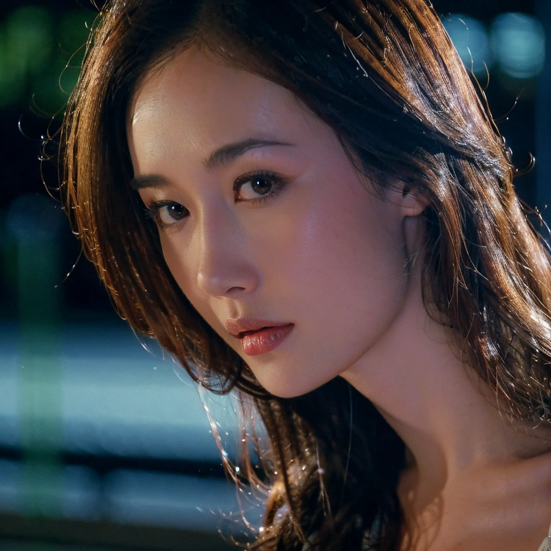 1girl,solo,long hair,brown hair,brown eyes,nose,parted lips,slip dress,outdoors,snow,star \(sky\),aurora,blurry,looking at viewer,close-up,((realistic)),Highly detailed,(ultra-detailed),(best quality,masterpiece:1.5),<lora:Maggie Q:0.7>,<lora:细节调整2.0:0>,