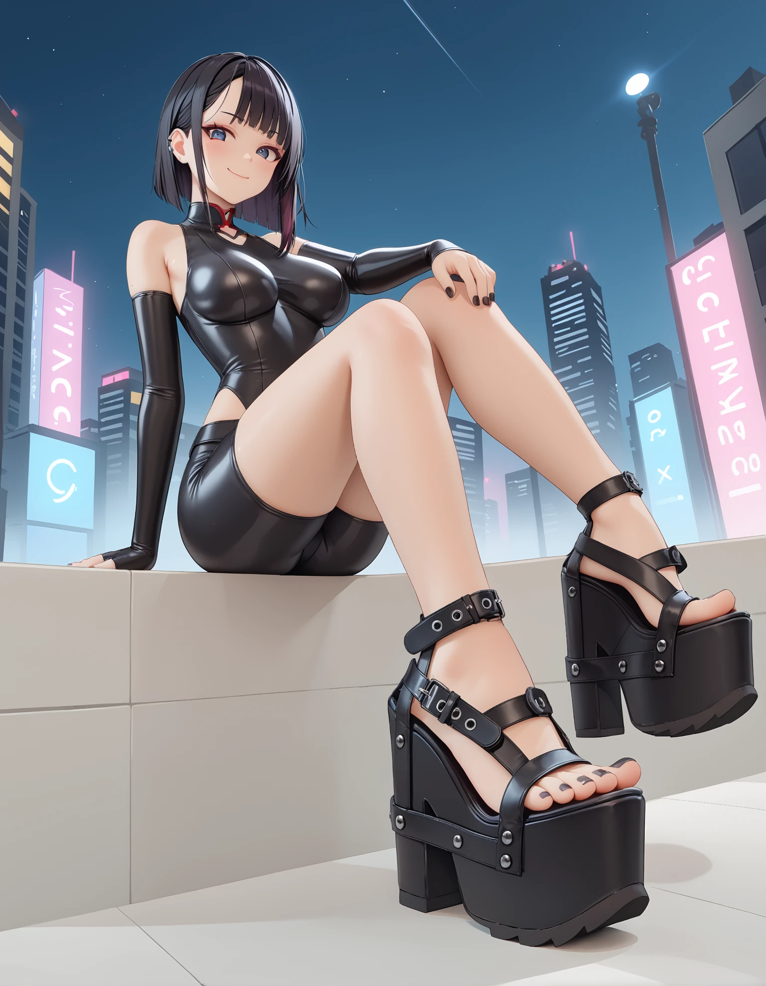 1girl,

full body,

sitting,, (from side:0.6), from below, (foot focus:1.1), foreshortening, (fisheye lens:1.3),

smug, closed mouth,

goth, city street, night, cyberpunk, neon,

large breasts, skinny, petite, slender legs,

black hair with green streaks,

denim shorts,

(black latex bodysuit:1.2), (black latex bike shorts:1.2),

(n1ghtc4ll platform heels:1.2), platform footwear,

black toenail polish,




embedding:zPDXL2 , 
embedding:zPDXLrl ,
hud_sh03_sh0w,