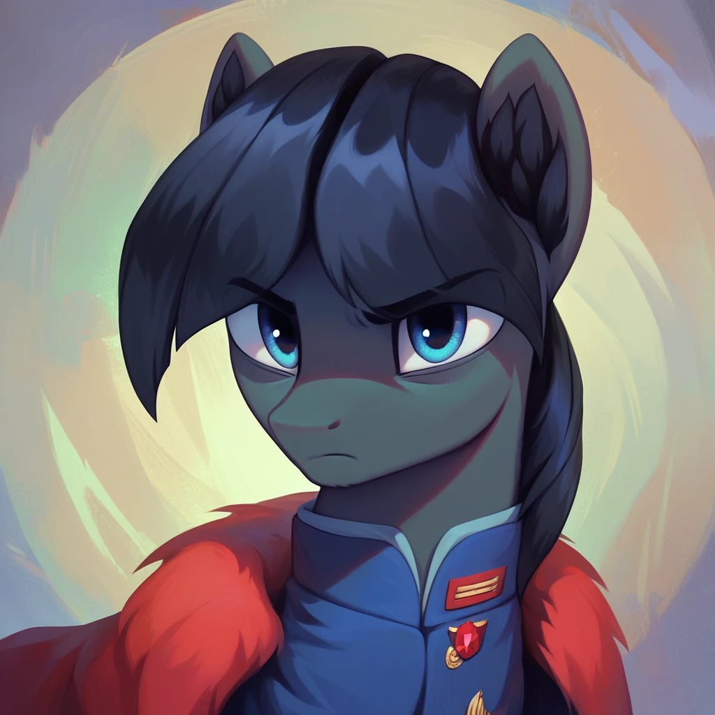 masterpiece, score_9_up, score_8_up, score_7_up, score_6_up, (best quality:1.1), ultra-detailed, high resolution, solo, Sinister Serov, mlp, feral, thin eyebrows, frown, blue eyes, stallion, male, pony ears, black ear fluff, black skin, black mane, curtain bangs, serious facial expression, looking at you, blue uniform, portrait, upper body, detailed facial features, portrait, expressiveh, simple background, highly visible, sharp focus, anatomically correct