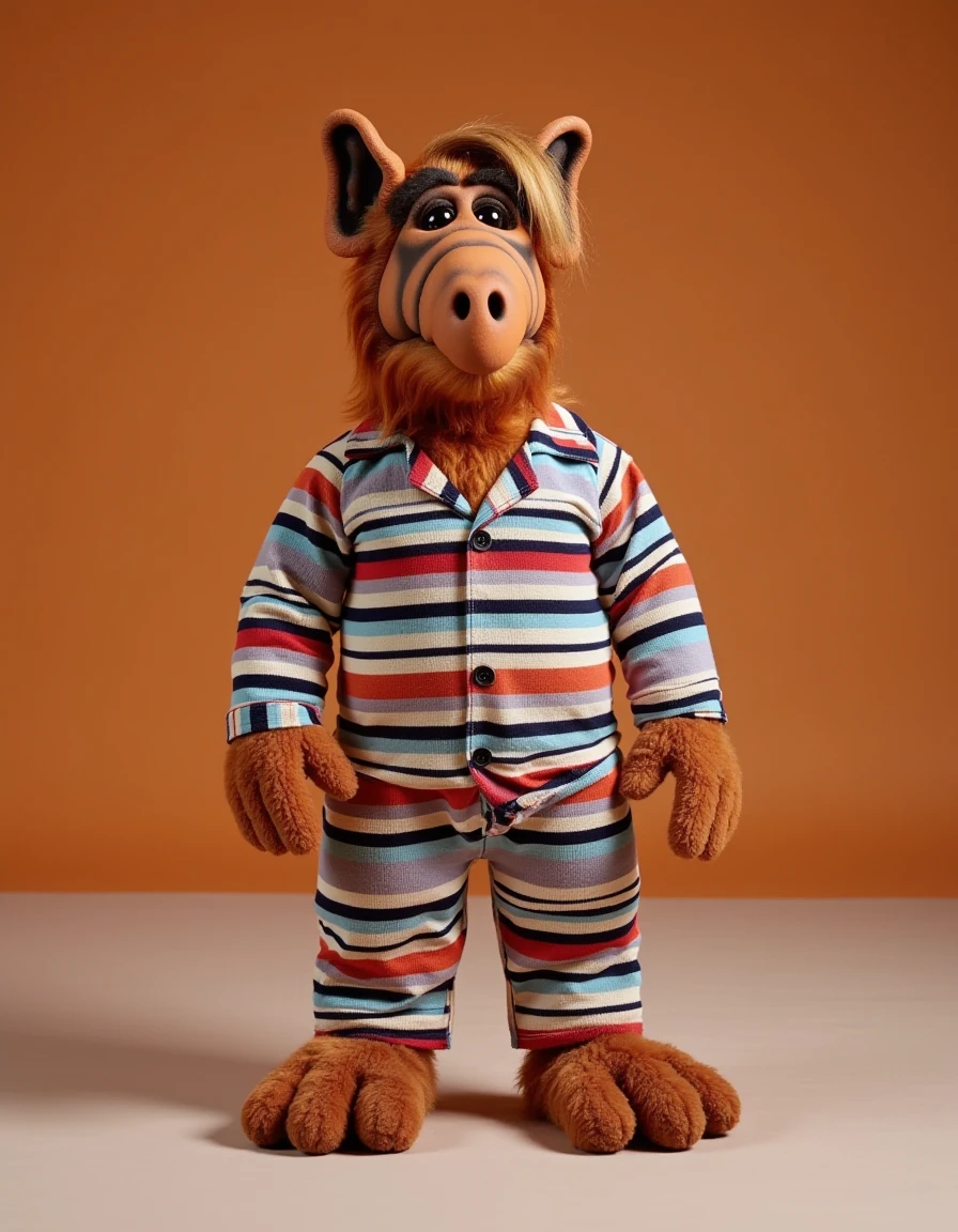 a photo of the newly discovered animal, <lora:flux_Alflux:1> Alflux, wearing striped pajamas. the setting is a photography studio with a bold backdrop