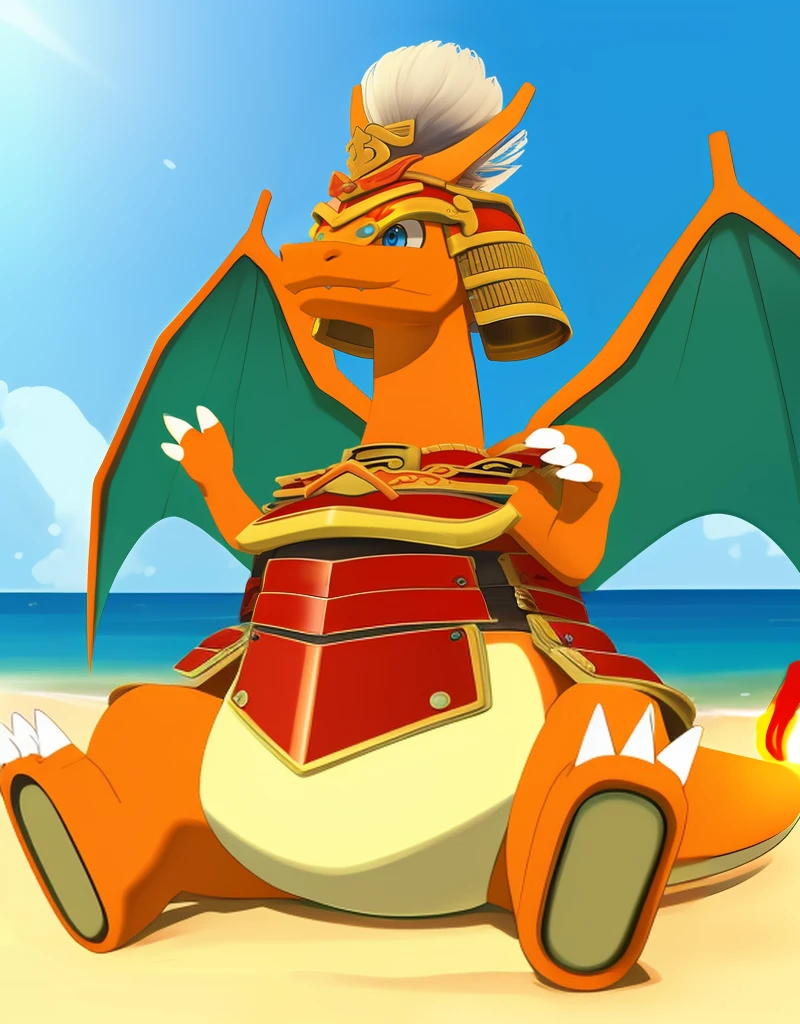 (((detailed eyes, detailed face))), (feral, charizard <lora:character_charizard_unite_findigo_v1:0.9>, pokemon, orange skin, (green wings), flame-tipped tail, claws, blue eyes, fangs out), male, (solo), (plump, fat, chubby, overweight), (samurai armor, japanese armor, kabuto), sitting, (spreading legs), smile, (front view) BREAK (konzaburou, ukan_muri), beach, (flat shading, flat color, high brightness), 8k, UHD, masterpiece, (full body)