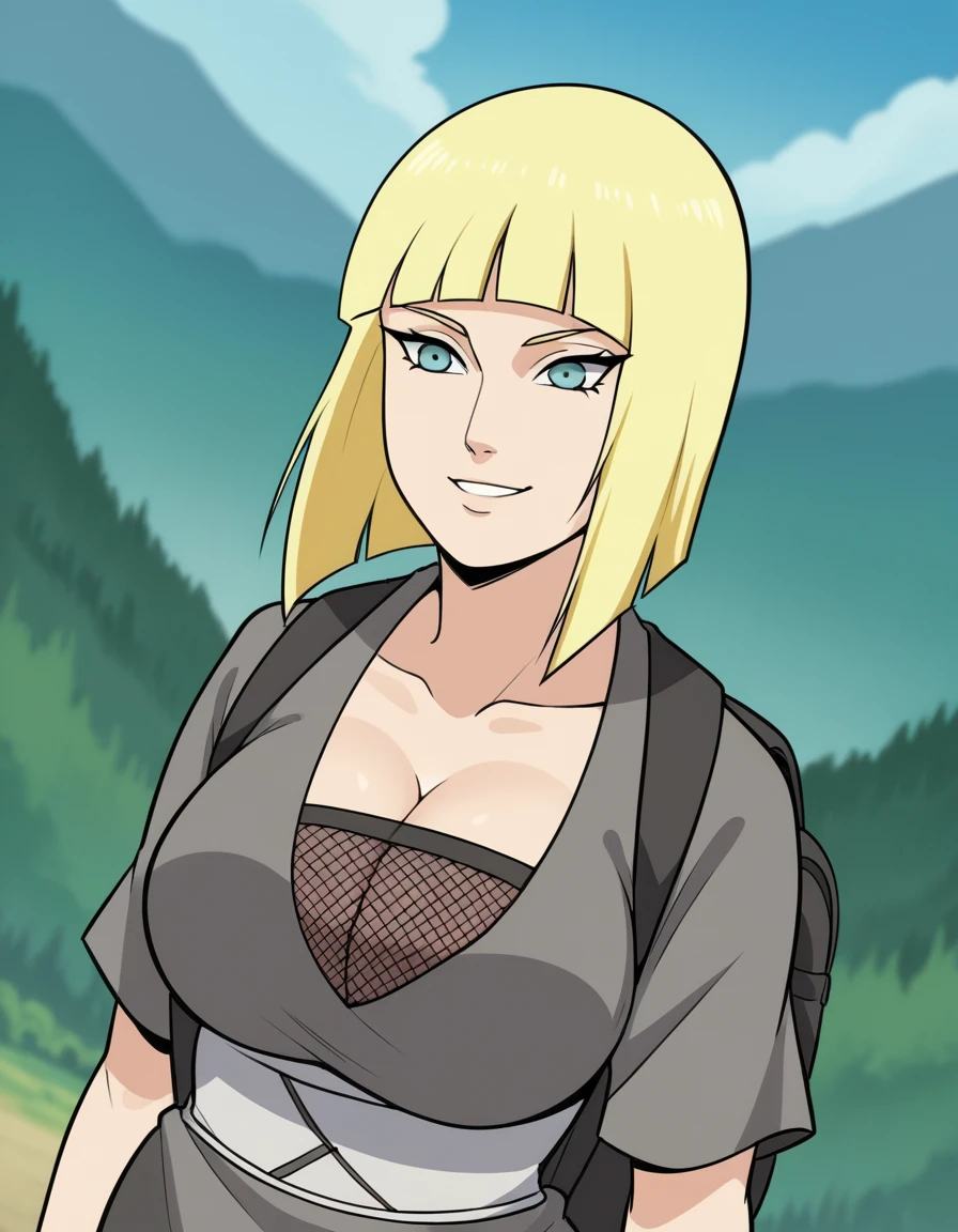 score_9, score_8_up, score_7_up, source_anime, <lora:samui-shippuden-anime-ponyxl-lora-nochekaiser:1>, samui, blue eyes, blonde hair, short hair, bangs, blunt bangs, large breasts,, cleavage, fishnets, dress, grey dress, skirt, grey skirt,, mountain trail, hiking, nature, backpack, adventure, fresh air, smile, , arm straight out to the side, solo,, cowboy shot, dutch angle