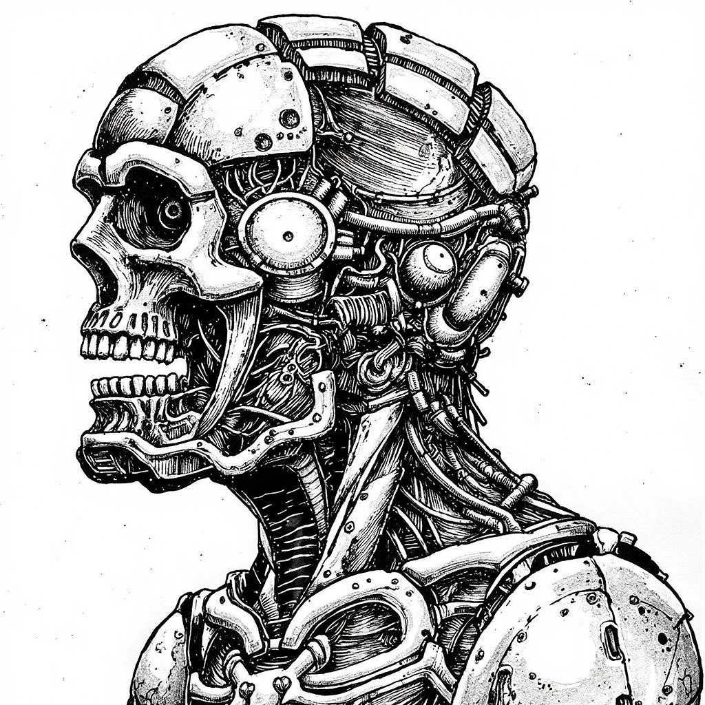 cybermono_style, (robot skull 1:3) , masterpiece, best quality, very aesthetic, absurdres