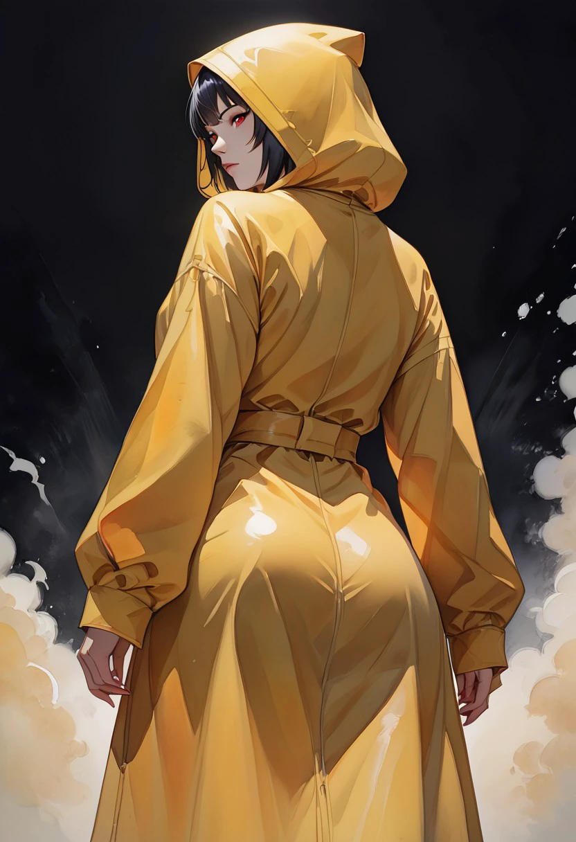 high res, good quality, accurate face, ((high resolution:1.2), (hi-res:1.2), masterpiece, best quality), ng_deepnegative_v1_75t, easynegative, fcNeg, Girl wearing a yellow raincoat, short black hair, pale white skin, hood over head, red eyes, standing, dynamic pose, black aura, black mist, dark background, bangs, view from below, view from behind, looking behind, girl looking at massive door, solo, Expressiveh, watercolor \(medium\), traditional media, sleeves,