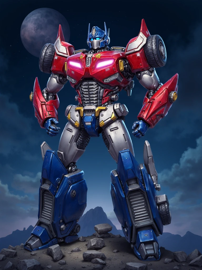 krrat style, digital illustration, optimus prime robot standing epically on pile of rocks, his body in advanced futuristic design have red and blue accents with wide chest, faceplate mask, hands on hips, massive shoulders, wheels and other truck parts on body, night, cybernetic planet on the sky<lora:sxz-Krrat-Flux:1>