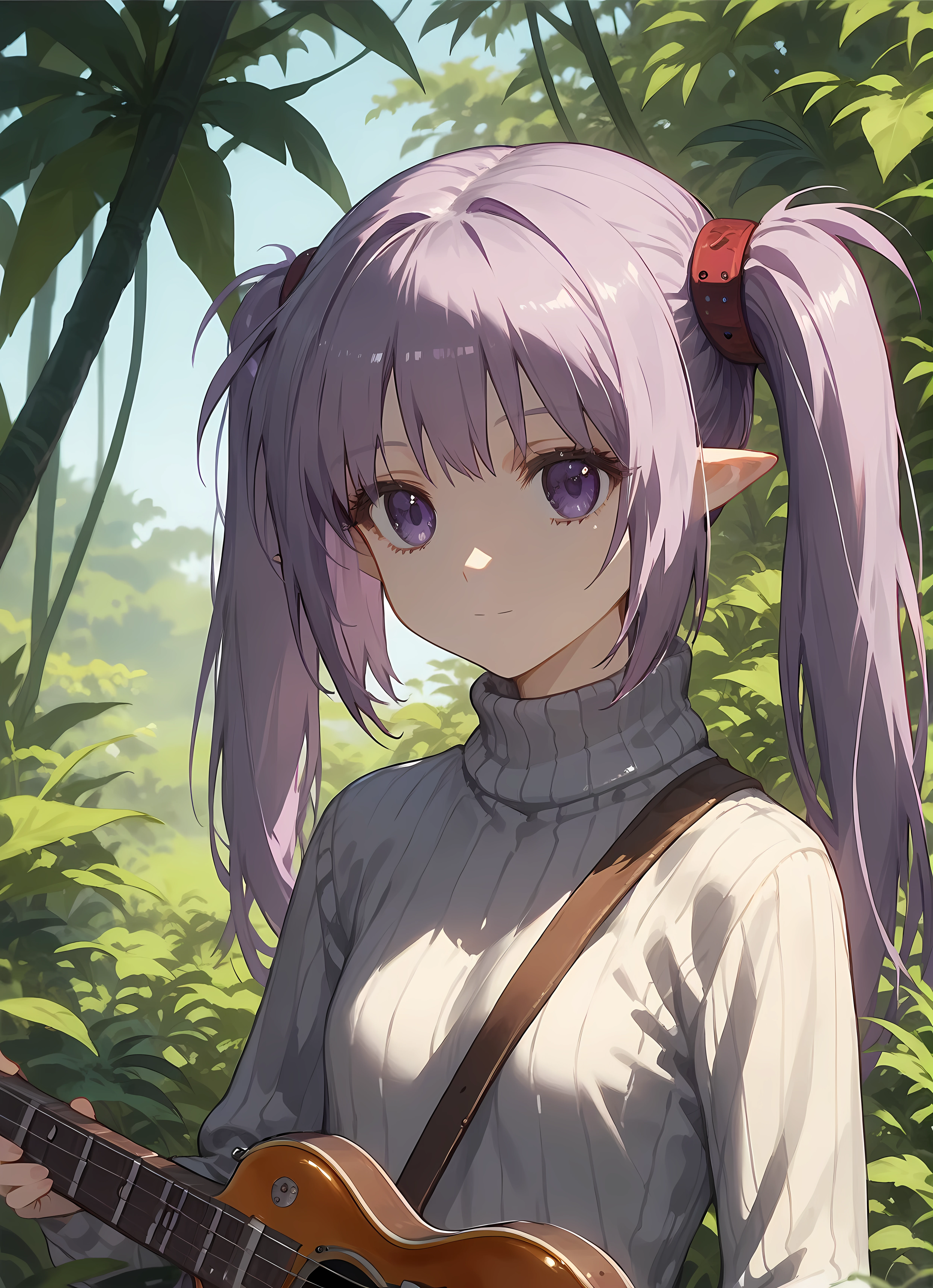 score_9,score_8_up,score_7_up,closed mouth, shiny skin, light smile,ohwx, 1girl, solo, sidelocks, twintails, long_hair, purple_eyes, purple_hair, grey_hair, empty_eyes, expressionless, pointy_ears,turtleneck, long_sleeves, sweater, Pretending to play a guitar solo, jungle,<lora:primula_pony_sobsynapse-000004:0.8>