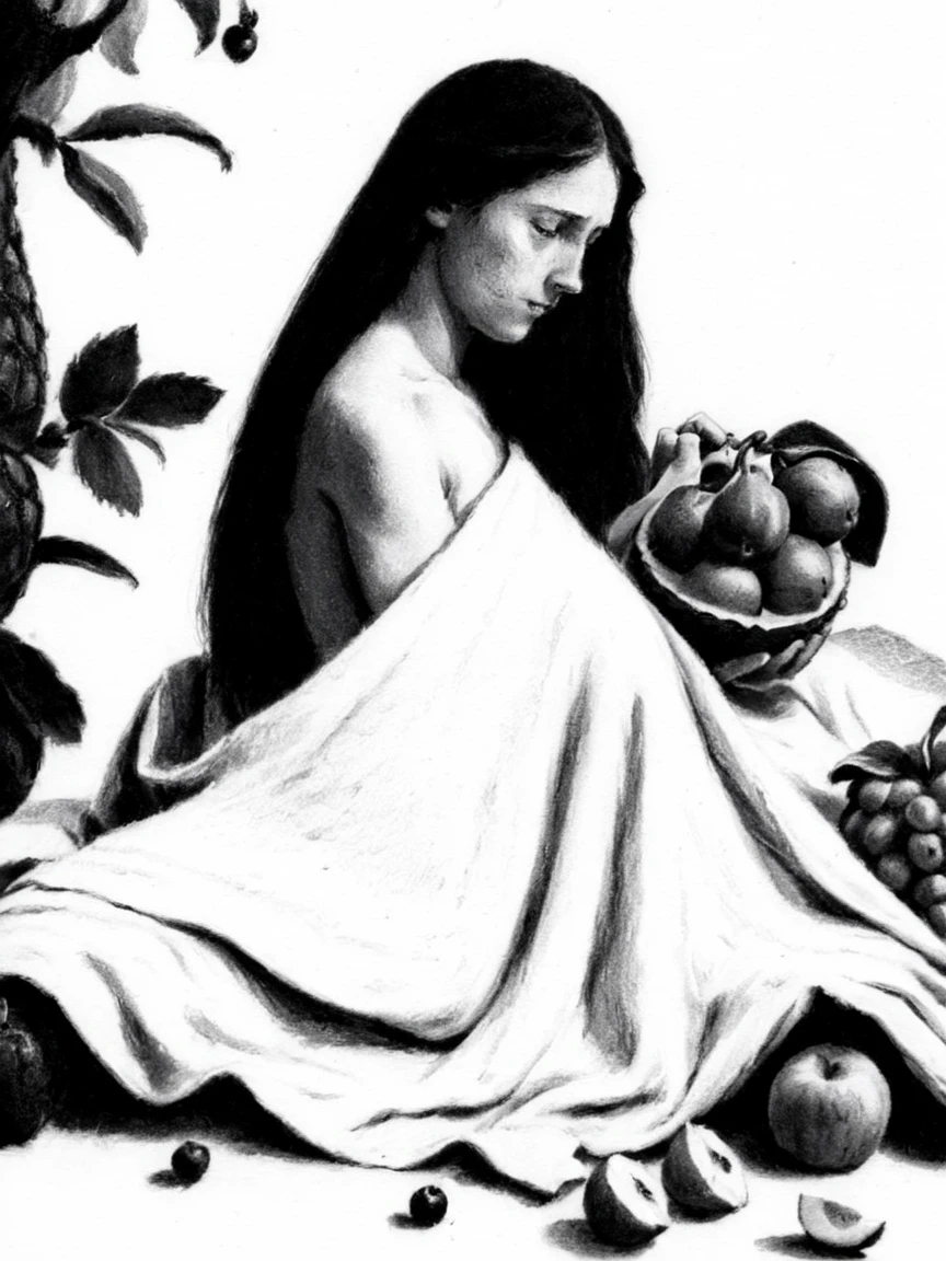 Create an artwork featuring a nude woman embodying the essence of a goddess of abundance and fertility. She is seated gracefully with her knees drawn up, cradling a basket overflowing with various fruits such as grapes, figs, and pomegranates. Her hair is adorned with a crown of flowers and leaves,