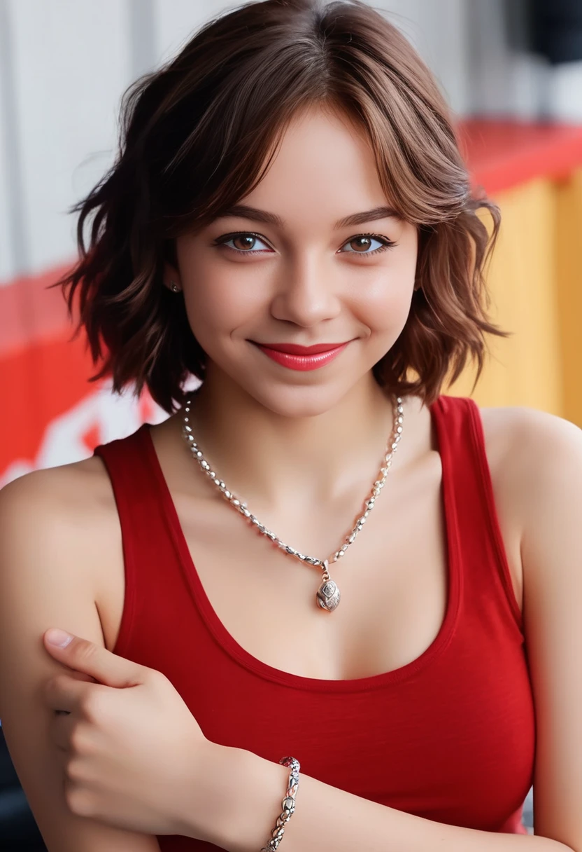 (Masterpiece,Best Quality:1.4),8k,(Movie-like footage,move photo:1.2),Hi-Res,Glossy Skin,Super Detailed Skin, noise, 1girl, solo, breasts,, looking at viewer, smile, medium hair, brown hair,  jewelry, brown eyes, Wearing a red tank top with a black sports jacket, and a fitness tracker on the wrist, earrings, necklace, blurry, bracelet, lips, blurry background,,realistic, pearl necklace, kooo123,  koooemmamyers <lora:Emma_Myers_v1_XL:0.9>