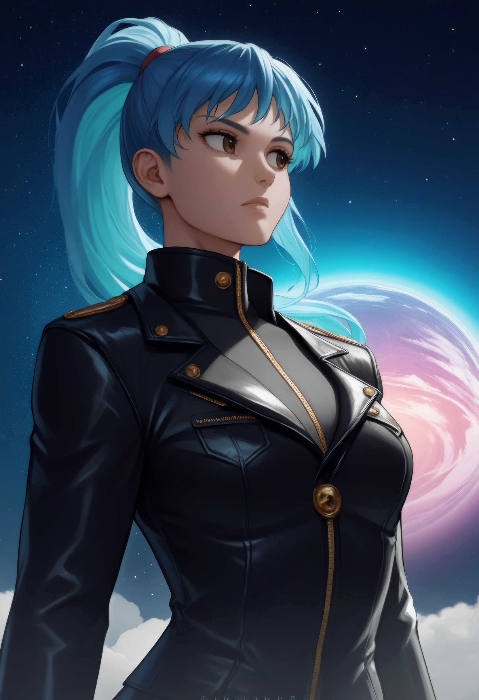 score_9, score_8_up, score_7_up, source_anime BREAK 1girl, looking to the side, shoulder-level shot,
brown eyes, blue hair, Ponytail, Leather Jacket, Culottes, __chara_expression__, Toned body, Classic headshot pose, medium breasts,
nebula, backlight, holographic display,