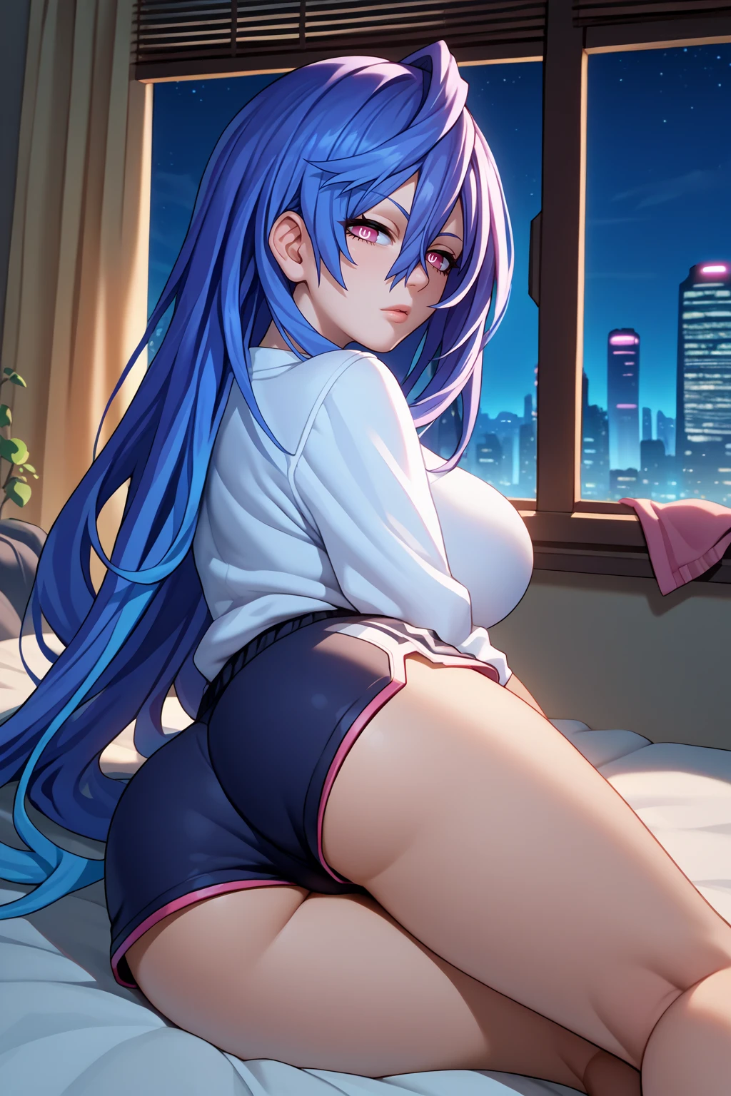 score_9, score_7_up, source_anime, from behind, looking at viewer, looking back, ihrt, large breasts, long hair, hair between eyes, blue hair, pink eyes, power symbol-shaped pupils, white shirt, shorts, lying, indoors, bedroom, night, science fiction, window, skyline, <lora:Hoseki_HyperdimensionNeptunia_IrisHeart_PDXL_v1:1>