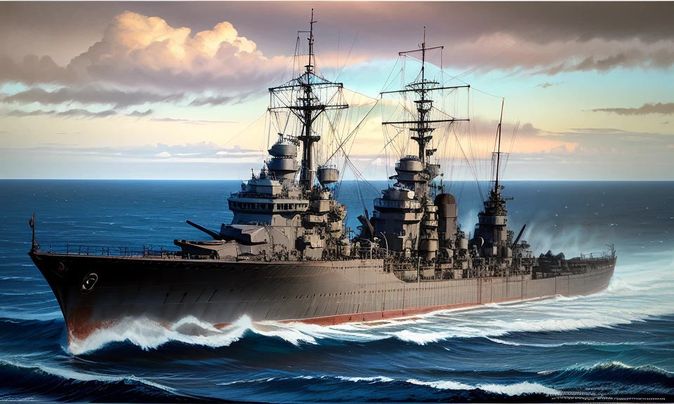 (turret:1.2),battleship, ocean watercraft, world war ii, photorealistic, no humans, ship, warship, military vehicle, military, ocean, battleship,solo vehicle focus, smokestack, <lora:waterlineship_boxart_V04:1> <lora:Modelaging_last:1.2>, oil painting, textured, layered, rich, classic, depth,timeless, soft, pastel colors, delicate, impressionistic, dreamy, feminine, airy, light, divine glowing, very detailed, cinematic, color, saturated, dramatic, background, illuminated, extremely beautiful, striking, romantic, pure, complex, glorious