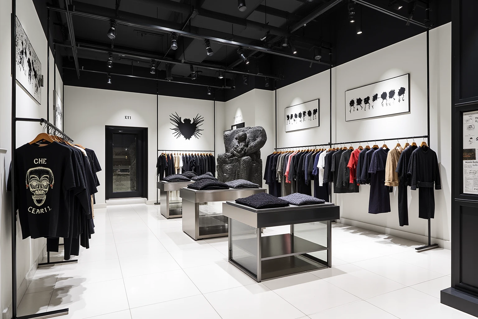 fashion cloths,A modern clothing store with modern elements, black and white theme, white tile floor, and decorative artwork with punk elements