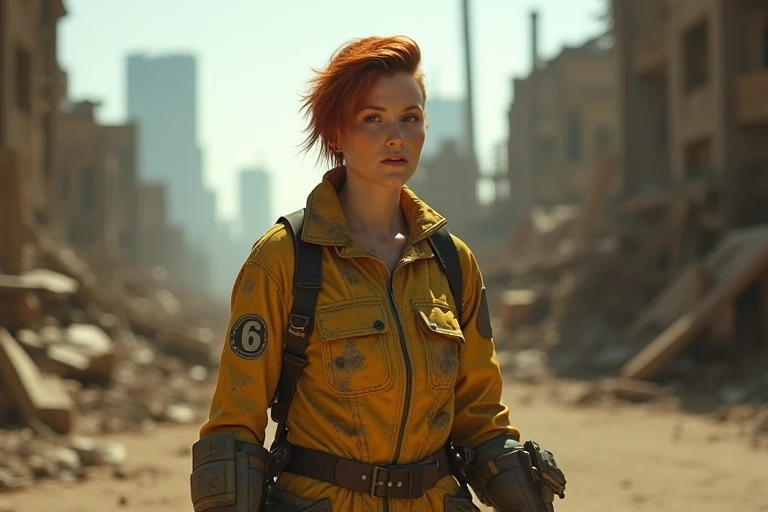 JudithHoagTMNTApril, a young JudithHoagTMNTApril woman with red hair, undercut hairstyle. In a post-apocalyptic wasteland, as a lone wanderer braving the ruins of a once-great city. Her faded and worn yellow "CHANNEL 6" jumpsuit is adorned with patchwork armor that is a mix of scavenged tech and improvised protection. The harsh sun casts long shadows across the desolate urban landscape. Post apocalypse New York city. Her appearance is dirty and worn down, common of one surviving in a post apocalypse environment. <lora:JudithHoag_TMNTApril_Flux:0.75>