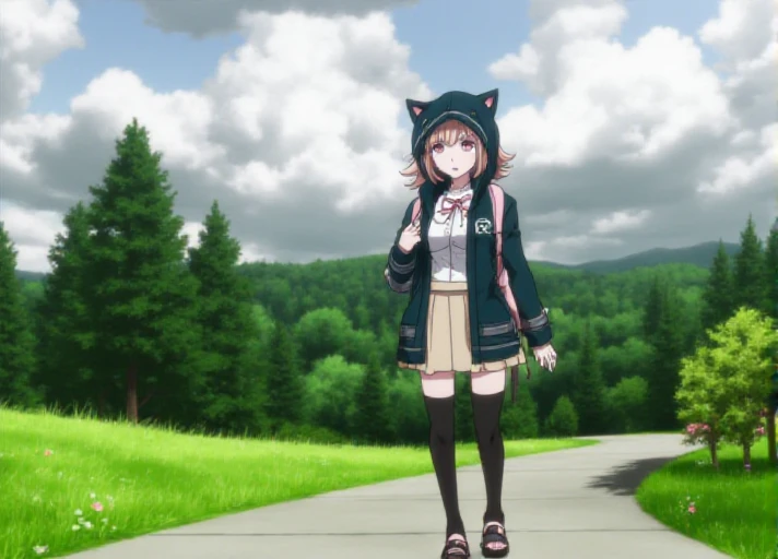 <lora:Chiaki_Nanami:1.3>    This anime screencap is from Danganronpa the Animation.  Chiaki Nanami is wearing her uniform from Danganronpa 2. Chiaki has short, dusty pink hair that slightly curls outwards, though the locks on either side of her face curl inwards. She has short straight bangs split towards the right, a white Galaga hairclip pinned to a lock of her hair. She has blossom pink eyes. She wears a white button-up shirt with a dark teal-gray front placket. She wears a light pink ribbon tied around her neck in a bow, with a pale beige pleated skirt. This also includes a one-button dark teal-gray hooded cardigan with gray horizontal lines running across the hem and sleeves, the Hope's Peak crest on the chest pocket. Chiaki Nanami's hood has pointed ears on the top and two pink eye-like markings on the front, resembling a cat. She also sports black thigh-high socks and light pink Mary-Jane style shoes with white soles. Chiaki has a pale pink backpack with a white pocket, a plush cat head sewn at the top with a white ribbon tied in a bow at it's base. Chiaki Nanami has a fearful expression.  Chiaki Nanami stands amid A serene landscape featuring a winding concrete path through a manicured garden. In the foreground, lush green grass surrounds the path, which curves gracefully from the bottom right towards the center. The path is bordered by neatly trimmed hedges and colorful flower beds. In the middle ground, tall evergreen trees dominate the scene, their dark green needles contrasting against a partly cloudy sky. The trees are a mix of pine and fir, with some reaching heights well above the others. The background reveals distant forested hills. The sky is dramatic, with large, puffy white and gray clouds scattered across a pale blue expanse. Sunlight filters through the clouds, creating a dappled effect on the landscape. The scene suggests late spring or early summer, with vibrant greenery and blooming plants. The lighting is bright but diffused, softening shadows and enhancing the natural beauty of the park-like setting.