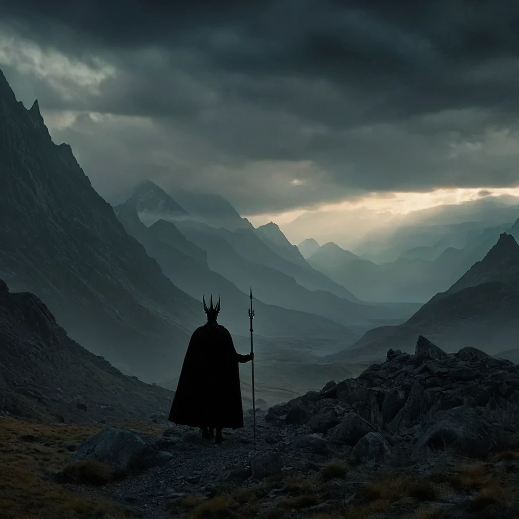 In this image, we see a solitary figure standing on a rocky outcropping, overlooking a vast landscape. The figure is clad in a long black coat and holds a staff adorned with a spiked crown. The backdrop features majestic mountains under a cloudy sky, creating a sense of isolation and grandeur. The artistic style appears to be realistic with an emphasis on depth and perspective, capturing the ruggedness of the terrain and the vastness of the sky. The use of light and shadow adds to the dramatic effect of the scene, highlighting the silhouette of the figure against the mountainous horizon. The overall composition conveys a sense of tranquility and contemplation, evoking feelings of introspection and connection with nature., score_9, score_9_up, lotr, hoblotr,