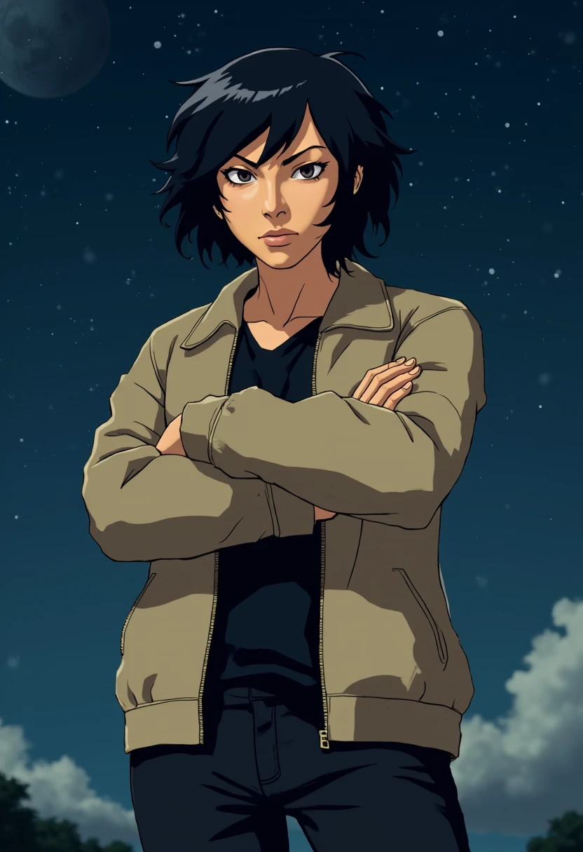 Anime style illustration of a woman with short black hair and a harsh face wearing a beige jacket and black pants scowling with crossed arms outdoors in front of a starry sky,Taliana, <lora:Taliana_Martinez_Grand_Theft_Auto_5_Flux:1>