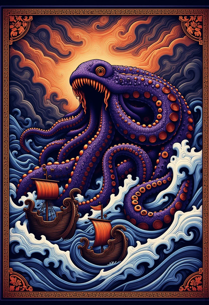 <lora:ElysnDrms_flux_EliPot:1>, grkptt, limited palette, orange theme,
Giant kraken with glowing purple tentacles rising from the depths of a stormy sea, gripping a ship with lightning illuminating the dark, swirling clouds overhead.