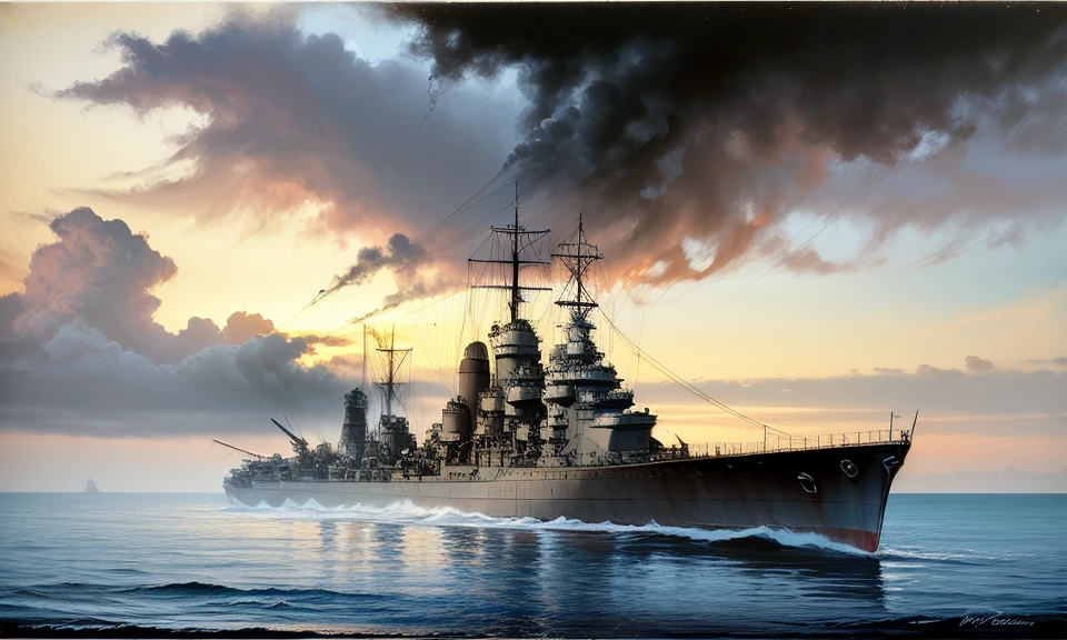 (turret:1.2),battleship, ocean watercraft, world war ii, photorealistic, no humans, ship, warship, military vehicle, military, ocean, battleship,solo vehicle focus, smokestack, <lora:waterlineship_boxart_V04:1> <lora:Modelaging_last:1.2>, oil painting, textured, layered, rich, classic, depth,timeless, soft, pastel colors, delicate, impressionistic, dreamy, feminine, airy, light, divine glowing, very detailed, cinematic, color, saturated, dramatic, background, illuminated, extremely beautiful, striking, romantic, pure, complex, glorious