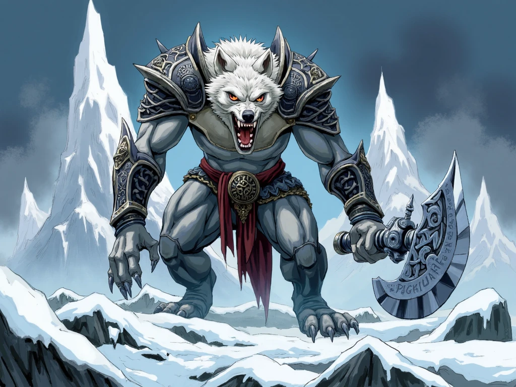 amadmir style, stylized illustration, vivid fantasy-themed artwork featuring a menacing werewolf creature in a snowy icy environment. The creature is adorned in intricately designed armor in shades of black and silver with ornate patterns and symbols and bone-like structure. Shoulder pads with massive horned animal skulls, It wields large icy-looking battle axe and poised in a defensive stance ready for combat. The wolf's fur is a mix of white and gray and its eyes glow with a fierce intensity. The background is a blend of cool blues and whites with jagged ice formations and a cloudy sky suggesting a cold possibly winter setting, <lora:sxz-Amadmir-Flux:1>