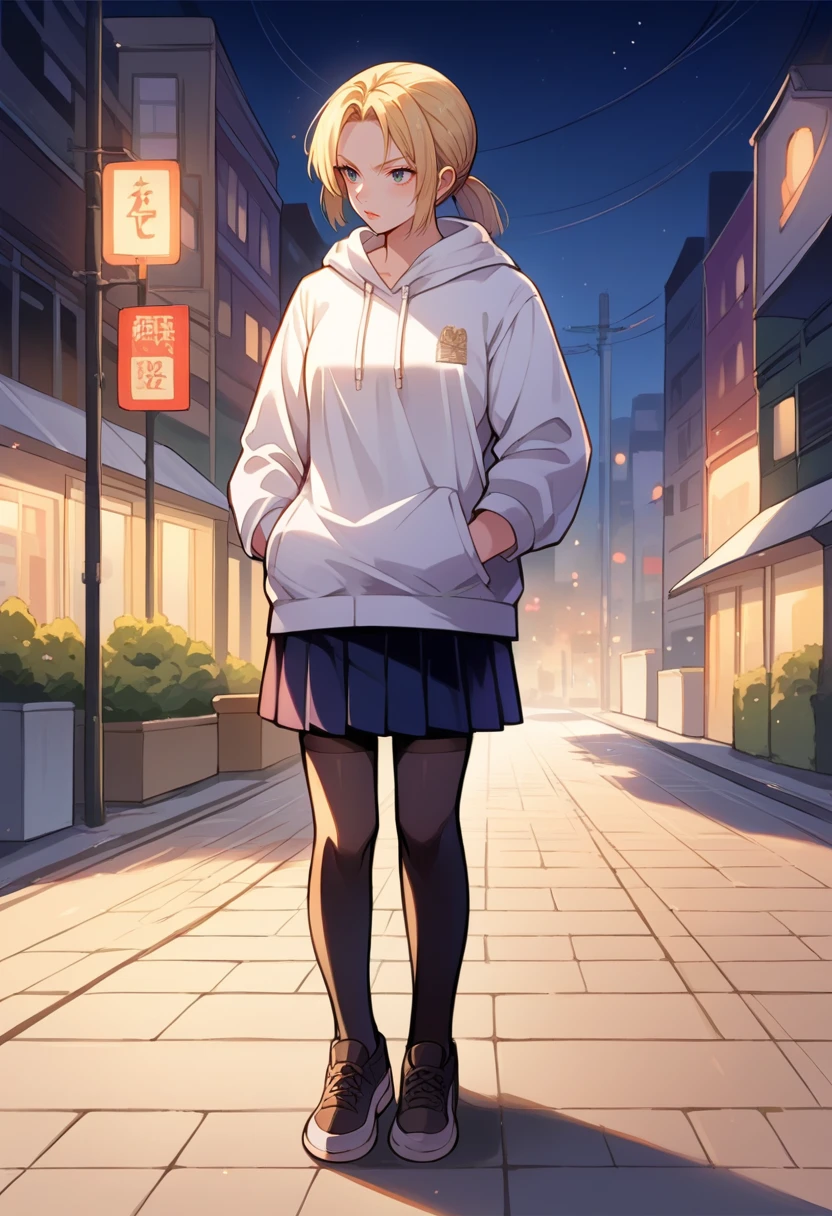 score_9, score_8_up, source_anime, 1girl, solo, NinWilliams, medium hair, ponytail, white hoodie, outdoors, night, street, lamppost, hands in pockets, full body, black thighhighs, shoes, skirt, <lora:ChamNinaWilliamsPonyXL:1>