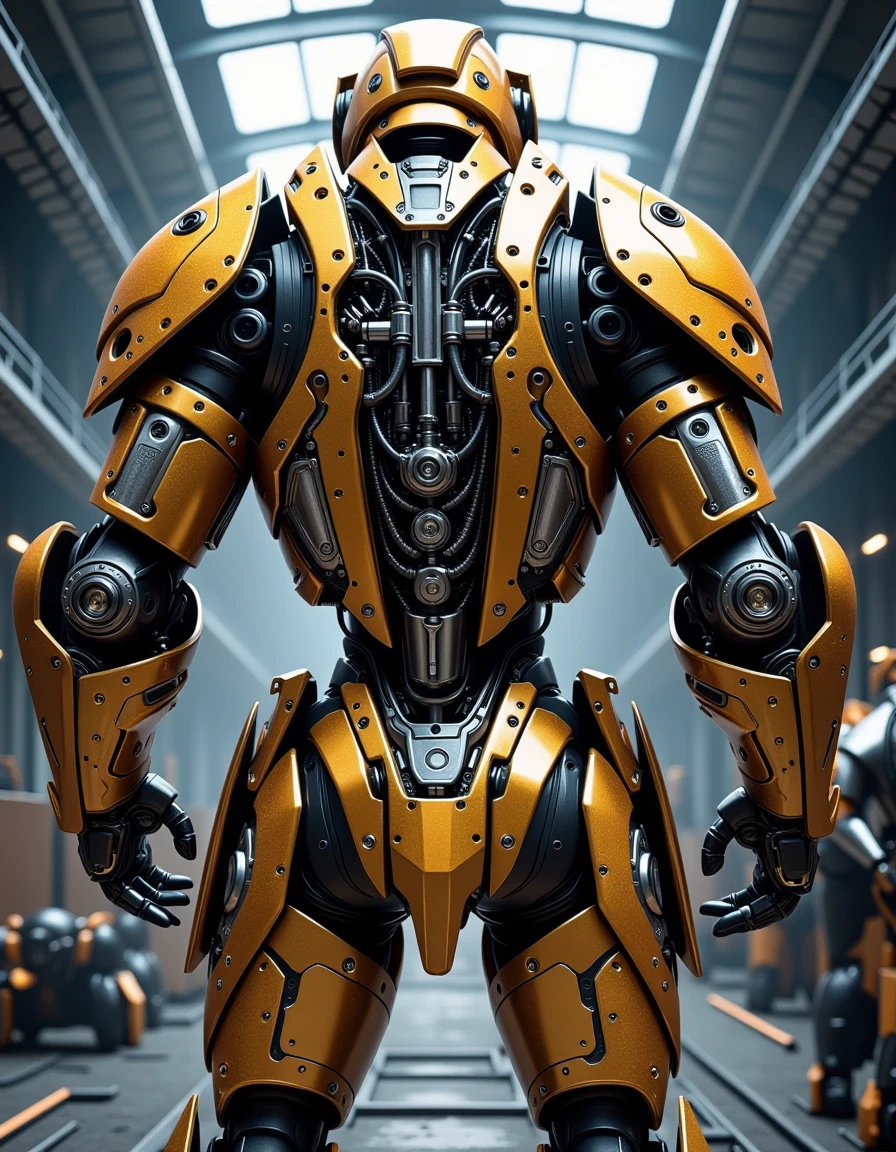 scifi robot,A towering, gold-and-bronze battle robot stands at attention, its massive frame covered in thick, reinforced armor plates. From above, the intricate network of power conduits and energy cores embedded in its back are visible, pulsating with latent energy. A close-up of its arm shows mechanical tendons beneath a layer of transparent armor, glowing faintly as it powers up. The scene takes place in a massive hangar bay, where other battle robots are being prepped for deployment against an unseen enemy, highly detailed, eerie, gritty