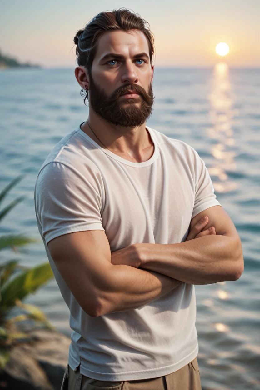 score_9, score_8_up, score_7_up, score_6_up
<lora:BGONERaith:0.8>
BGONERaith, 1boy, brown hair, beard, blue eyes, male model standing in shallow water, wearing a light beach shirt, arms crossed, confident expression, tropical backdrop, sun setting behind