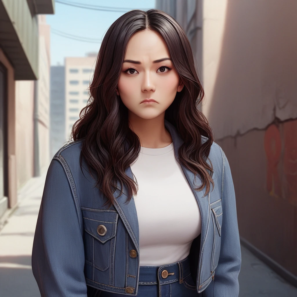 score_9, score_8_up, score_7_up, source_anime, professional photograph of  karen woman, long hair, wavy hair, upper body, wearing a denim jacket and a blouse, frown, dark jeans, in a dark alley, New York city, dark lighting, looking at the viewer <lora:Karen Fukuhara Pony-000006:1>