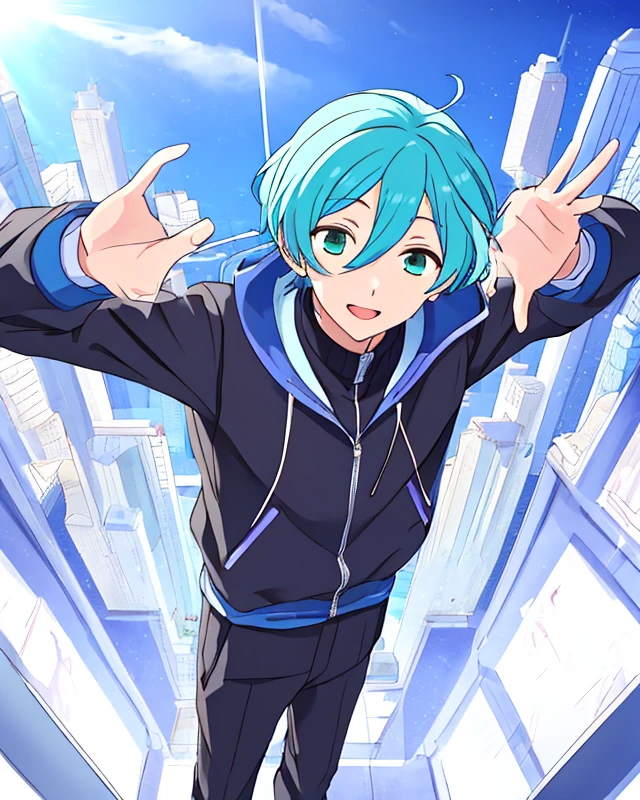 shinkai kanata, solo, aqua hair, 1boy <lora:KanataSD15-06:0.7>