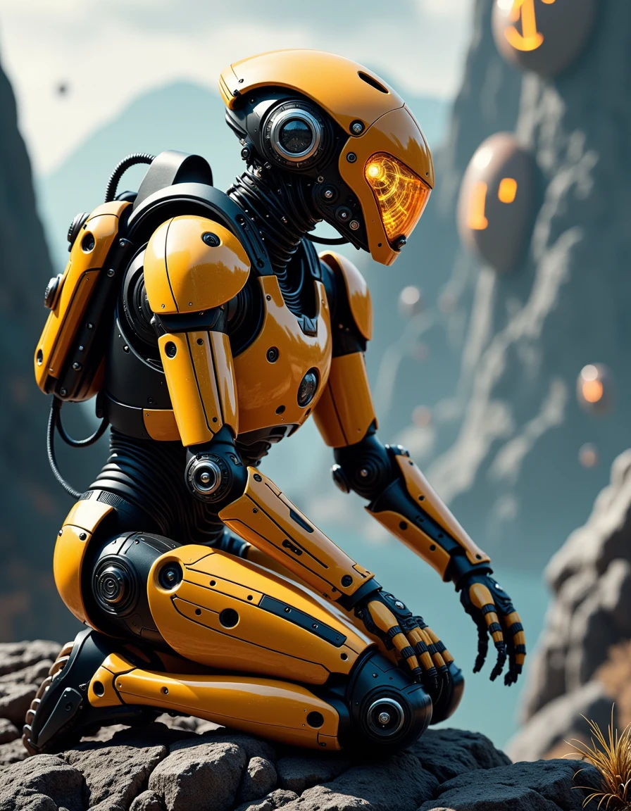 scifi robot,This gold-and-black reconnaissance robot kneels on the edge of a cliff, scanning the horizon with a glowing orange visor. From a side profile, its slim frame is accentuated by sleek armor plates, with no visible weapons but small compartments across its limbs. A close-up of its helmet reveals detailed circuitry and a glowing data port, constantly transmitting information back to base. The background is a sweeping alien landscape, with glowing plants and floating mountains in the distance, highly detailed, eerie, gritty