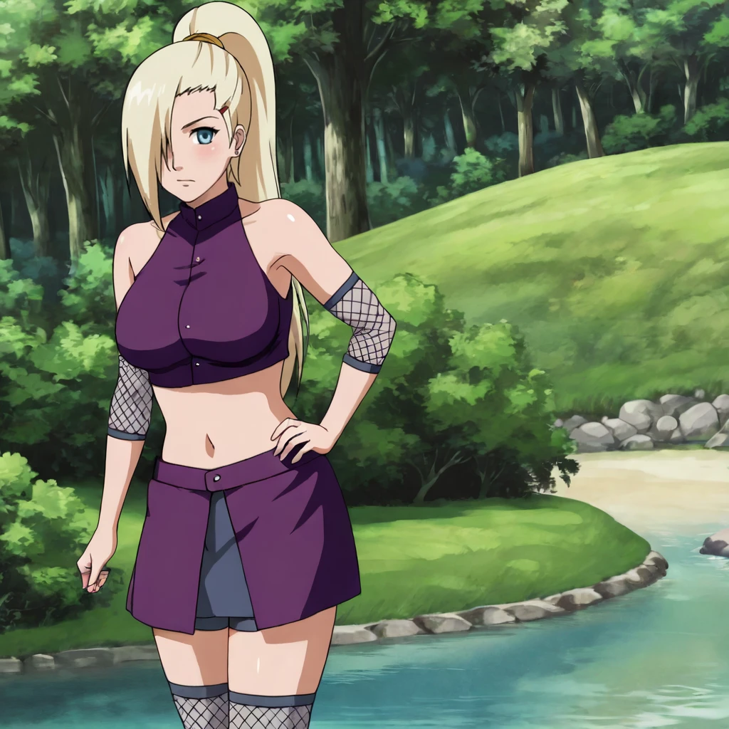 <lora:ino_pony_v1:.7> InoShipuuden, large breasts, 1girl, solo, blonde hair, high ponytail, hair over one eye, midriff, navel, purple skirt, fishnets, crop top, breasts, blue eyes, bare shoulders, cowboy shot