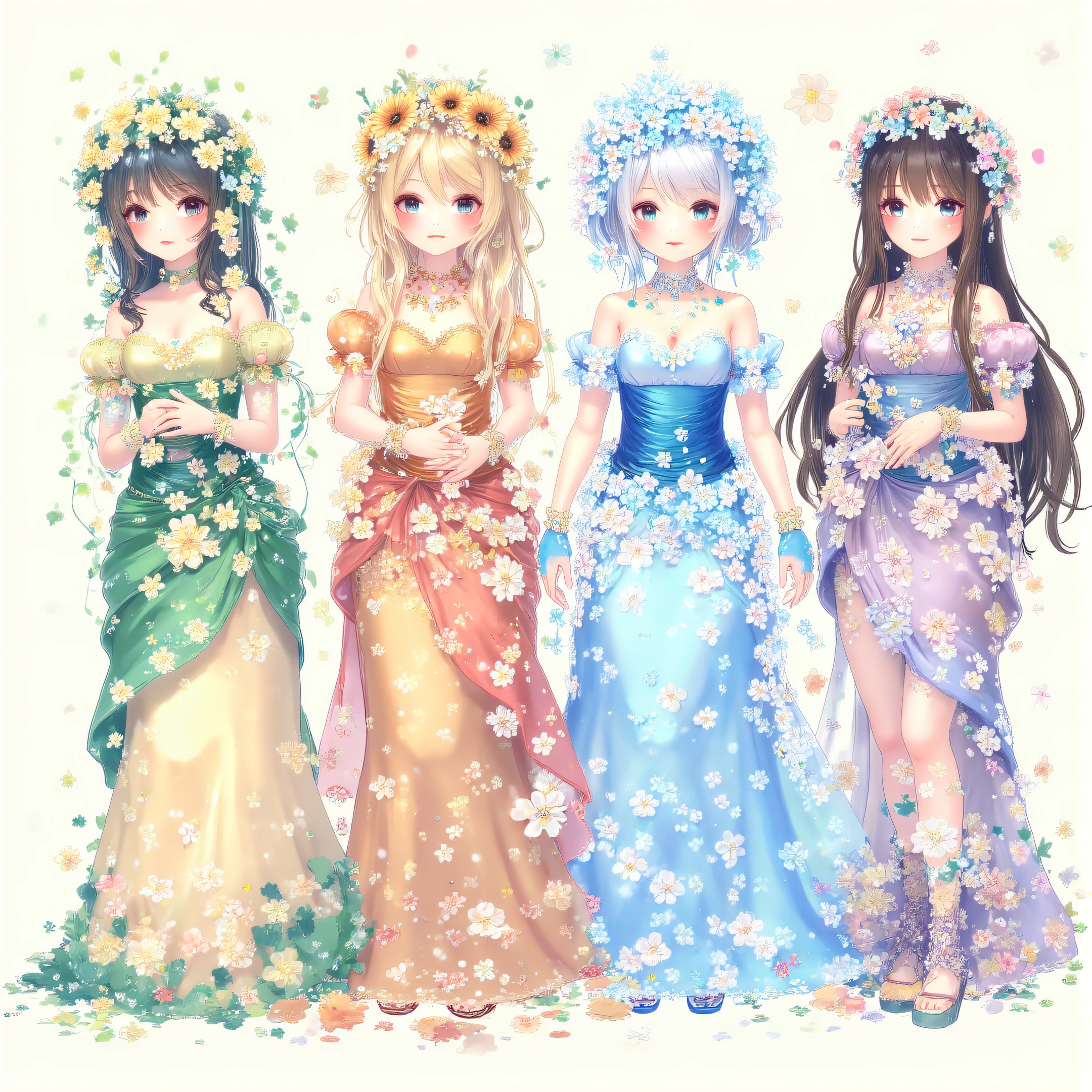 ArsMJStyle, Cute, ,four women representing the seasons, each dressed in richly detailed garments. They stand intertwined with the natural elements of their seasonsâspring blossoms, summer sunflowers, autumn leaves, and winter snowflakes.