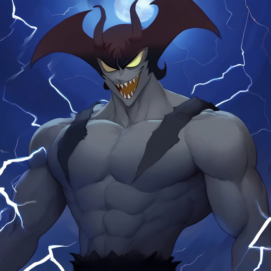 Solo, smile, lightning, demon boy, muscular male, open mouth, male focus, no pupils, moon, Demon, Devilman, no pupils, gray skin, sharp teeth, raichiyo33, csr style