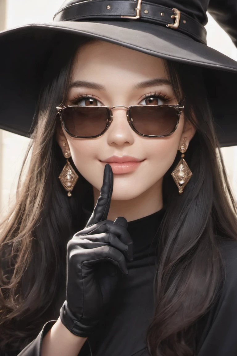 1girl, solo, long hair, looking at viewer, smile, black hair, gloves, hat, brown eyes, jewelry, earrings, black gloves, lips, black headwear, witch hat, sunglasses, portrait, finger to mouth, shushing, looking over eyewear