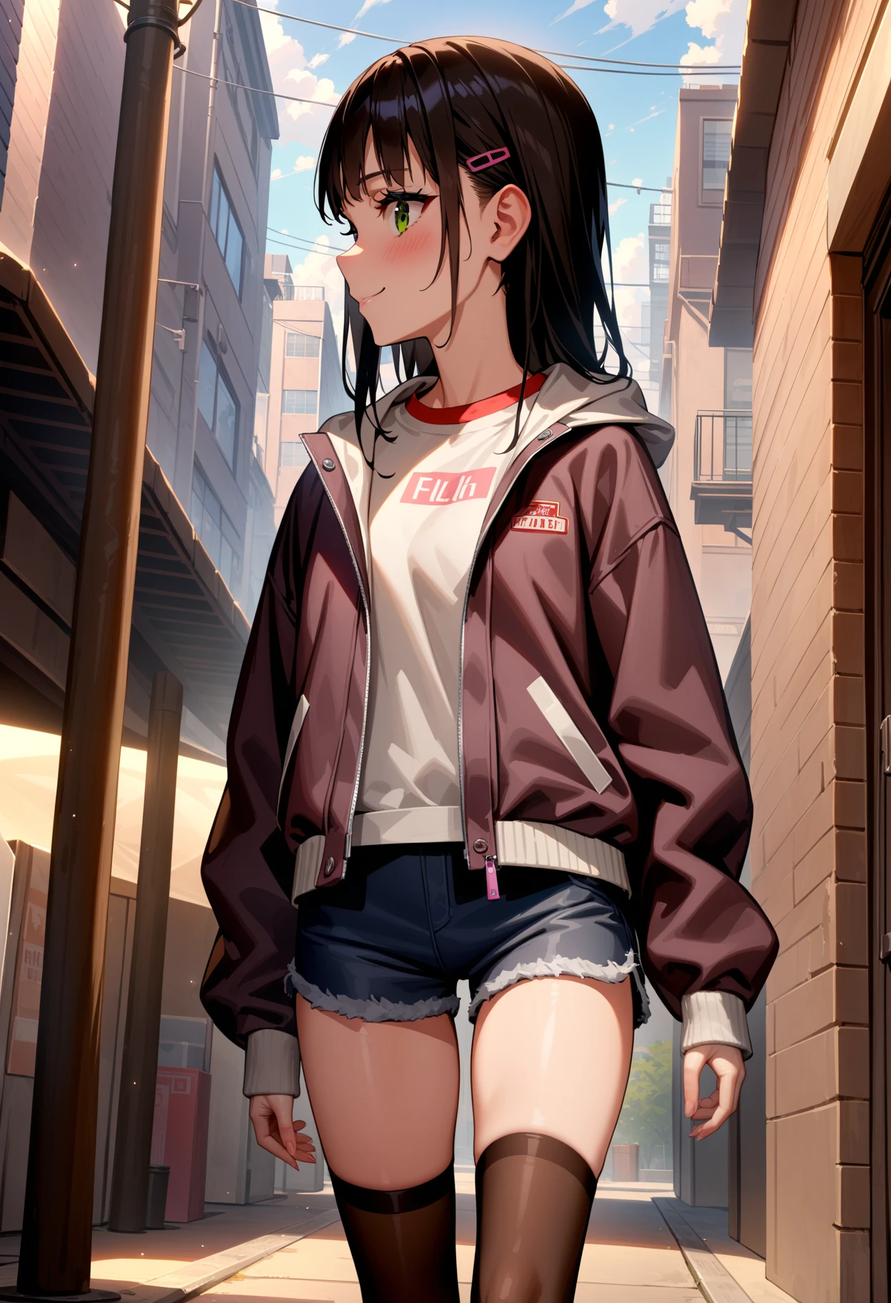 masterpiece,best quality,very aesthetic,absurdres,
1girl,solo,
<lora:Shoujo_v1:1>,shoujo01,long sleeves,jacket,shorts,hairclip,black_thighhighs,sneakers,<lora:Fixhands_anime_bdsqlsz_V1:1>,
cowboy_shot,blush,light_blush,looking_at_viewer,walking,profile,city,downtown,day,smile,, masterpiece,best quality, very aesthetic, absurdres, ultra detailed, high resolution, 4k, extremely detailed CG,