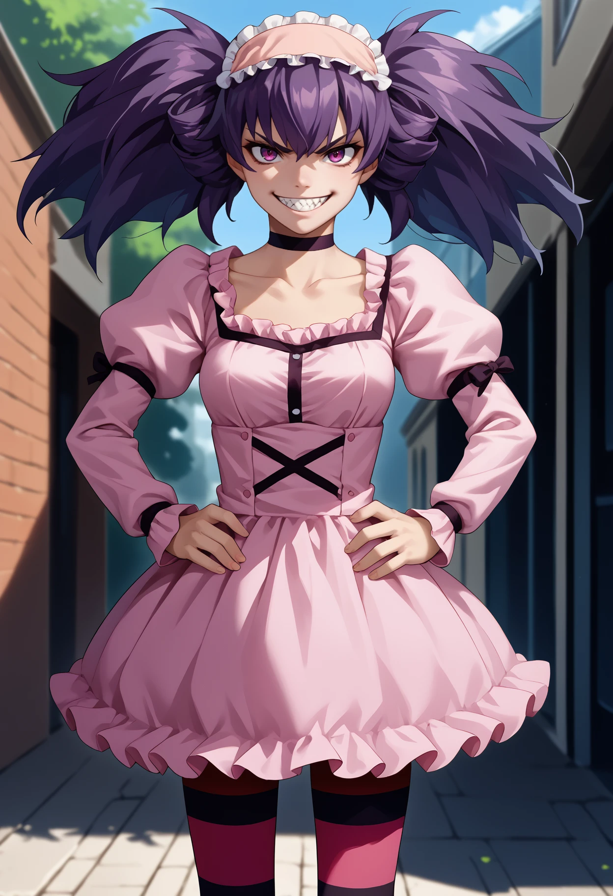 score_9, score_8_up, score_7_up, source_anime, <break> solo, 1girl, minenedress, evil grin, looking at you, standing, hands on own hips, twintails, frilled hairband, frills, pink dress, puffy long sleeves, striped pantyhose, choker, collarbone, outdoors, school
<segment:yolo-face_yolov8m.pt,0.4,0.5//cid=1>