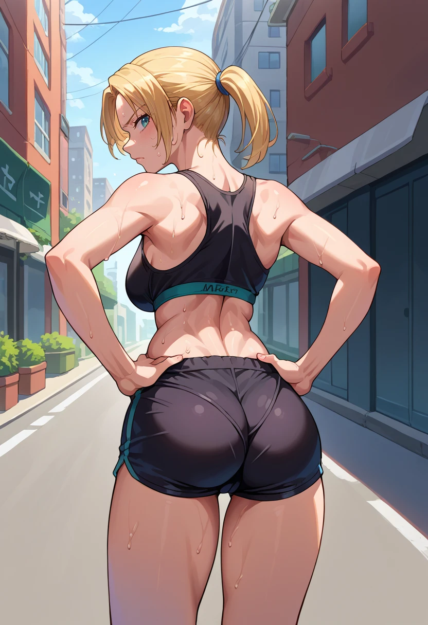 score_9, score_8_up, source_anime, 1girl, solo, NinWilliams, medium hair, ponytail, from behind, sweat, looking back, hands on own hips, black sports bra, black shorts, short shorts, ass, outdoors, city street, <lora:ChamNinaWilliamsPonyXL:1>