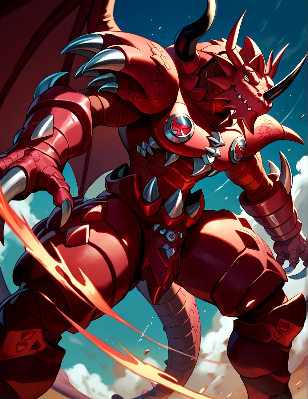 score_9, score_8_up, score_7_up,
<lora:Dorbickmon_(Digimon)_(Pony)_(AD):1> Dorbickmon, Digimon, muscular, crimson red skin, dragon, yellow eyes, colored sclera, horns, spikes, 
8K, In'ei, chiaroscuro, depth of field, rim lighting, clear_eyes,
perfect hands, perfect proportions, peak physical perfection, perfect male physique, powerful muscular body, impressive physique, thick arms, thick legs, large shoulders, wide thick chest,
dynamic action pose, detailed anime background, detailed photographic fluffy anime clouds, perfect hands, masterclass anime, alluring gaze, dynamic lighting, photographic realism, 
BREAK zPDXL, zPDXLxxx,