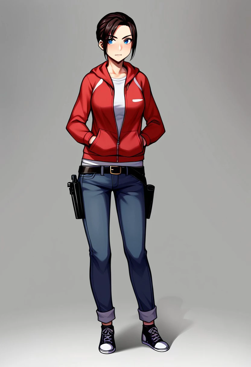 dark hair tied up, light skin, dark blue eyes, red hooded jacket, gray t-shirt underneath, dark jeans, belt with a gun holster, gray converse shoes