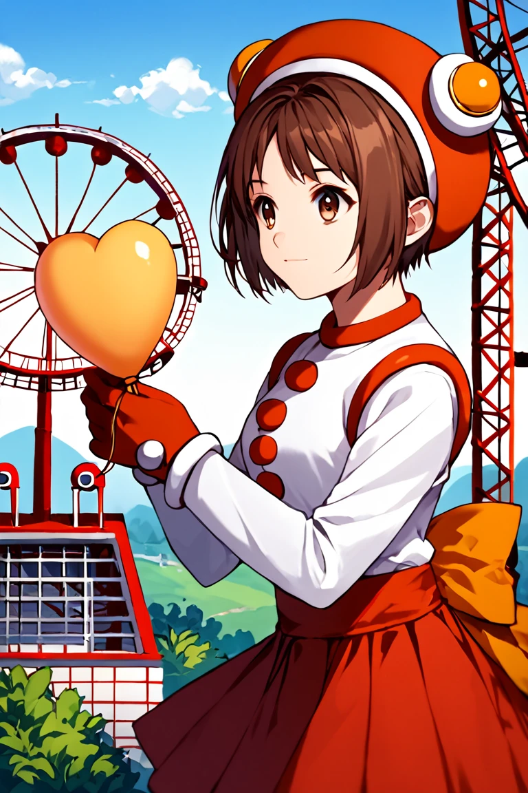 score 9, score 8 up, score 7 up, clarahananokouji, 1girl, solo, short hair, skirt, brown hair, shirt, gloves, long sleeves, hat, bow, brown eyes, white shirt, red skirt, magical girl, red gloves, outdoors, ferris wheel, holding balloon