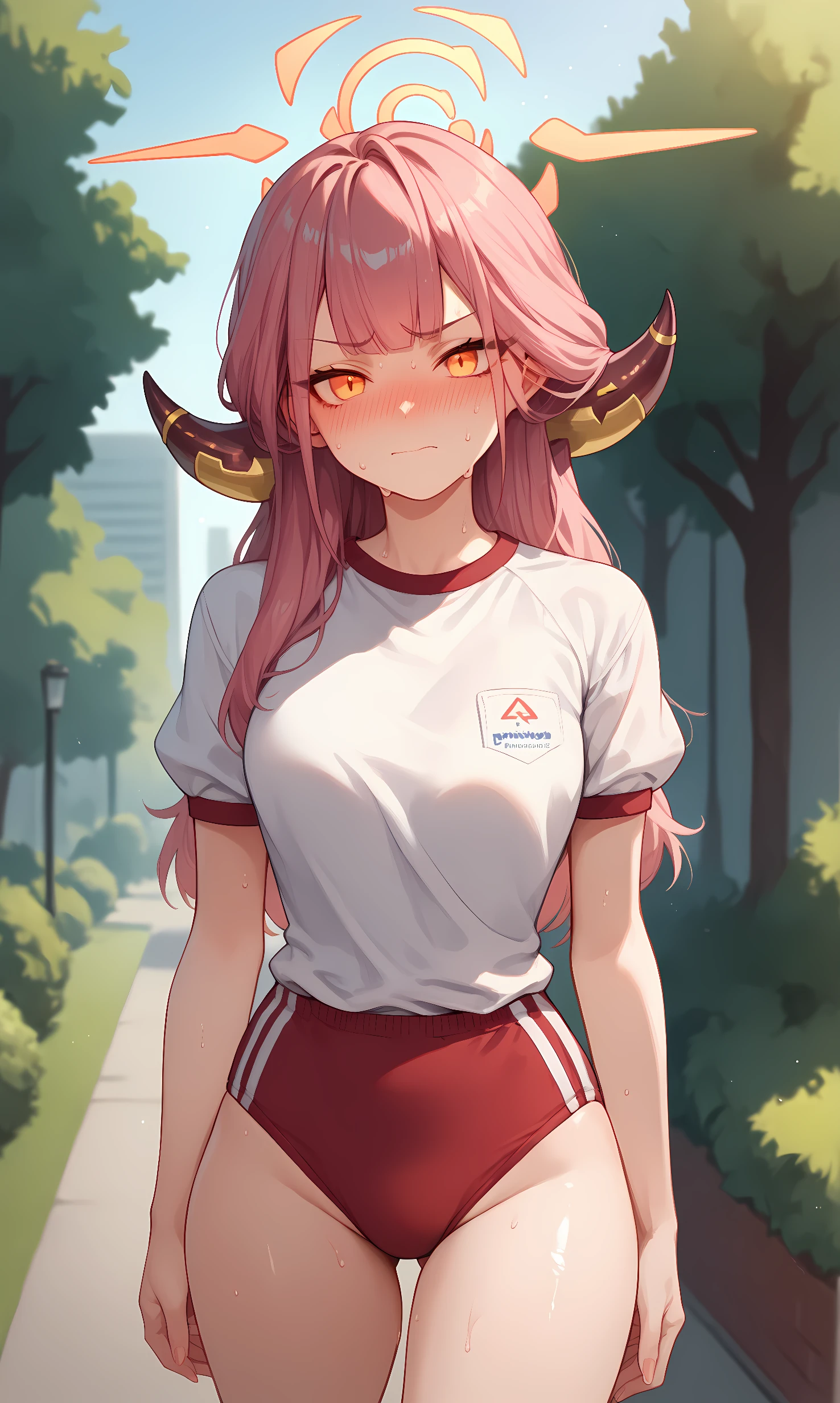 score_9, score_8_up, score_7_up, BREAK source_anime, 1girl, solo, outdoors, park, cowboy shot, looking at viewer, shiny skin, aru, orange eyes, pink hair, long hair, bangs, horns, halo, white shirt, short sleeves, gym uniform, red buruma, sweat, nose blush 